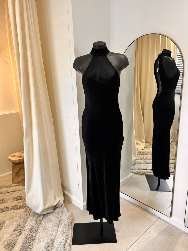 MESHKI - Claire Satin drap back maxi dress black - T38 - 1370