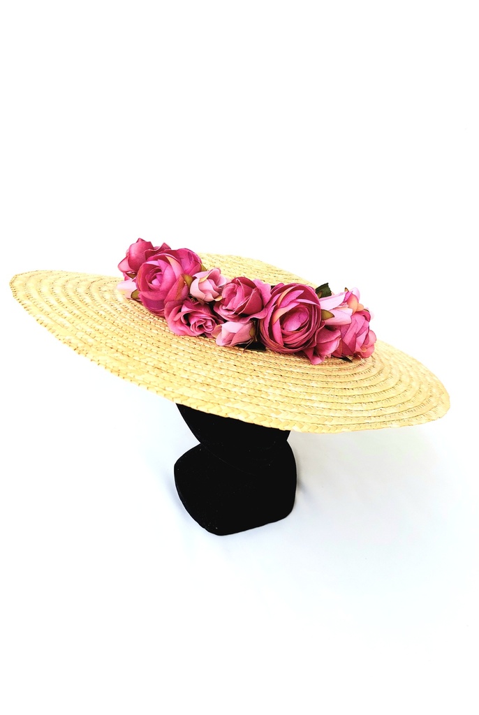 T&O CONCEPT - Chapeau paille large & fleurs roses et mauves - A555