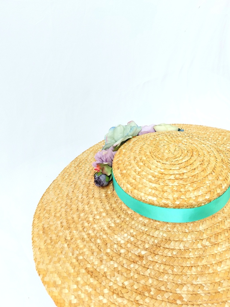 T&O CONCEPT - Chapeau paille fleurs turquoise - A559