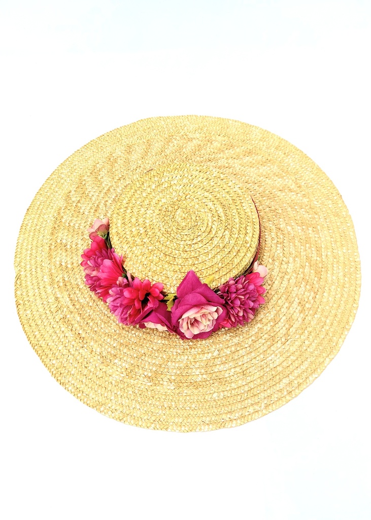 T&O CONCEPT - Chapeau paille large fleurs fuchsia - A557