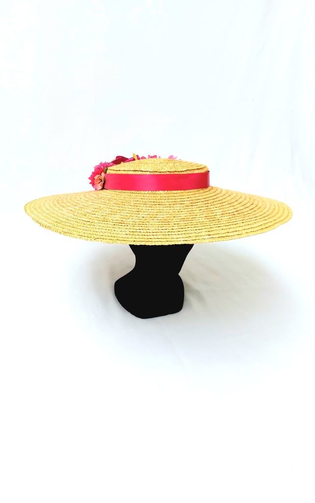 T&O CONCEPT - Chapeau paille large fleurs fuchsia - A557