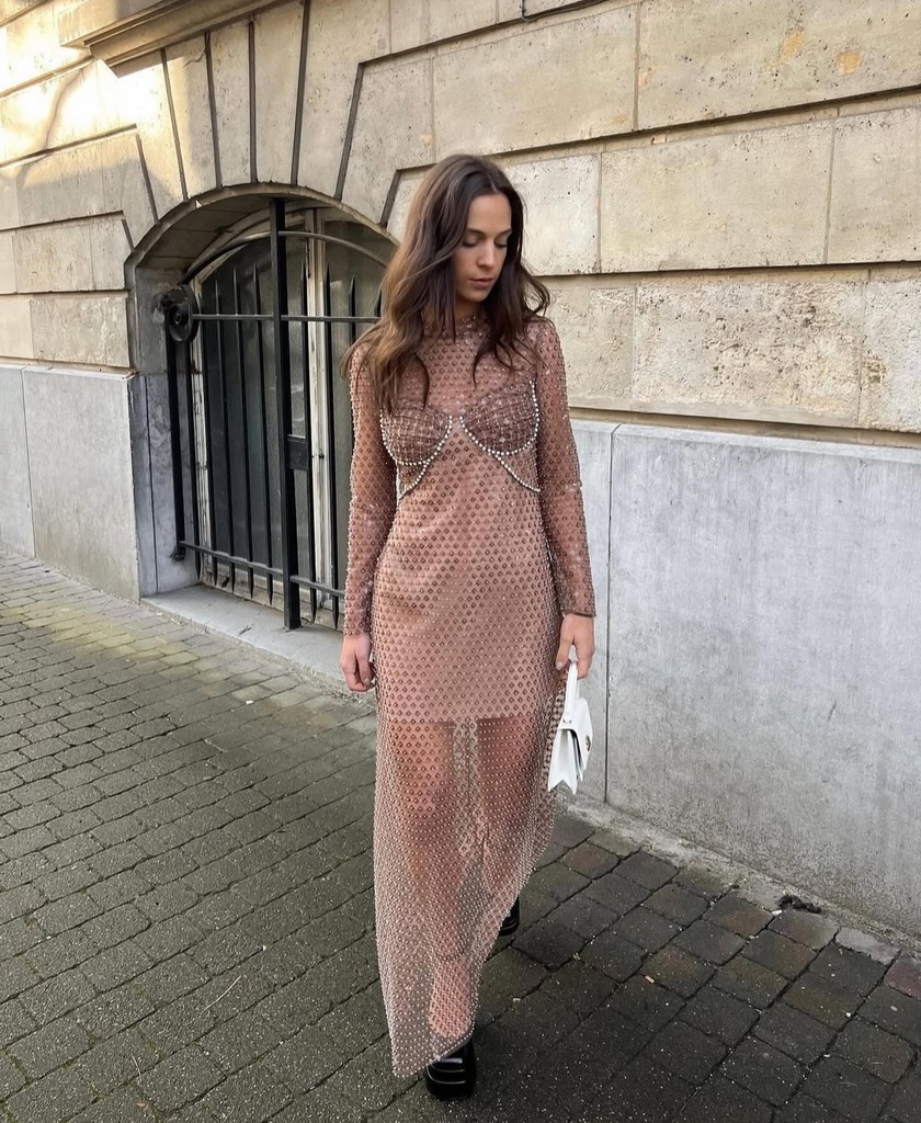 SELF-PORTRAIT Robe longue transparente sequins rose poudré - 1371