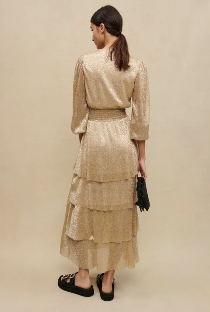 MAJE - Robe mi-longue dorée RUFFINE - C03075