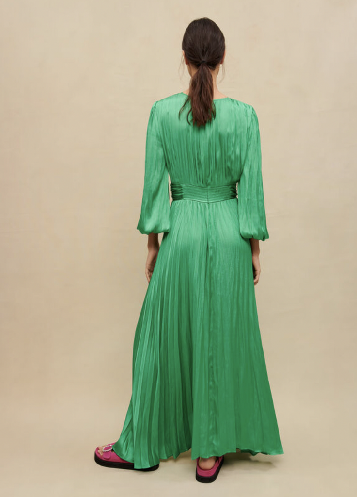 MAJE - Robe longue verte satinée - C03076