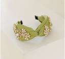 LES JUMELLES - Headband Large Vert Brodé à Strass A919