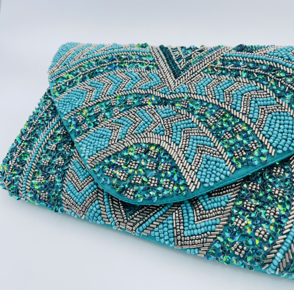 Giorgia & Johns - Sac Enveloppe Perle et Sequin Vert bleu - A1265