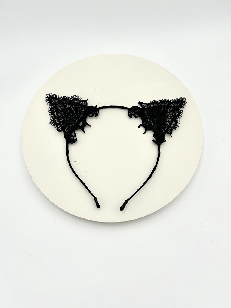 Serre-tête oreilles de chat noir dentelle - A1282
