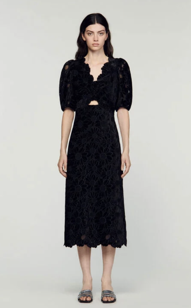 SANDRO - Robe midi velours noire - C03426