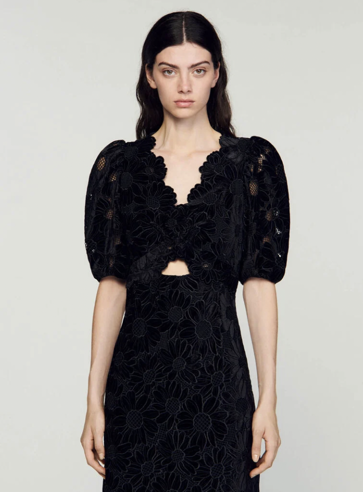 SANDRO - Robe midi velours noire - C03426