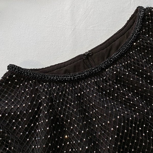 SELF PORTRAIT- Robe mi-longue noire strass  - C03504
