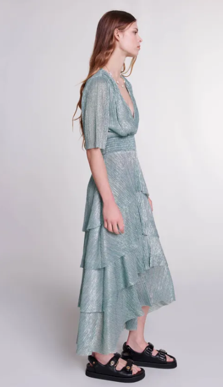 MAJE - Robe mi-longue verte Ruffine - C03544