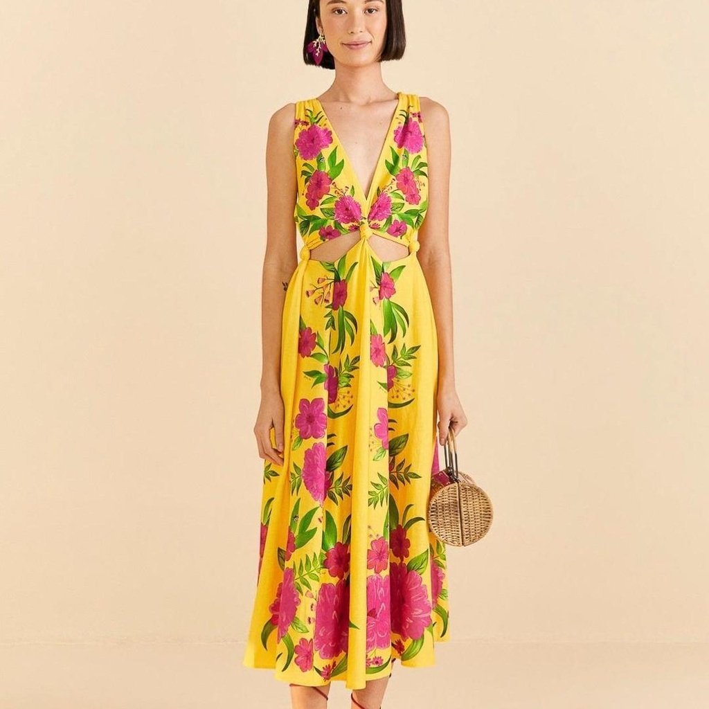 FARM RIO - Robe mi-longue jaune fleurie - C03579