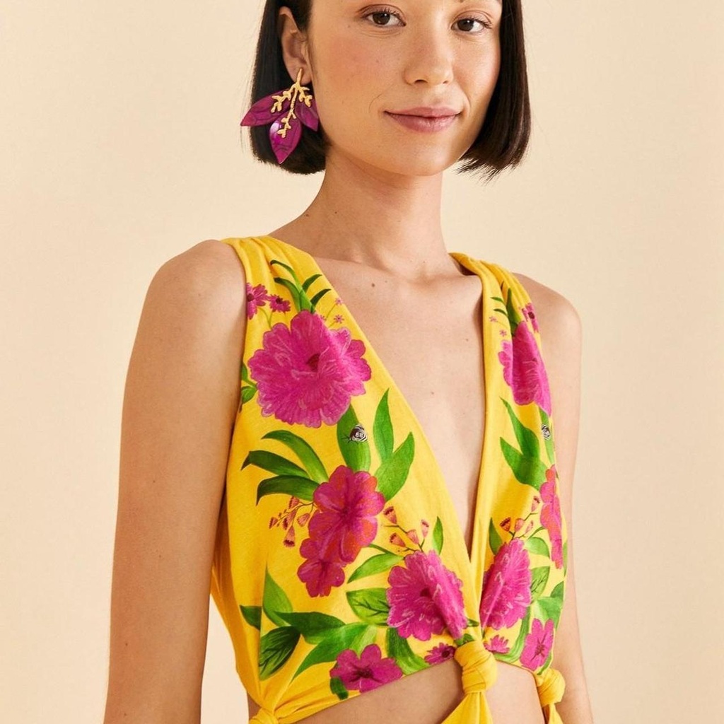 FARM RIO - Robe mi-longue jaune fleurie - C03579