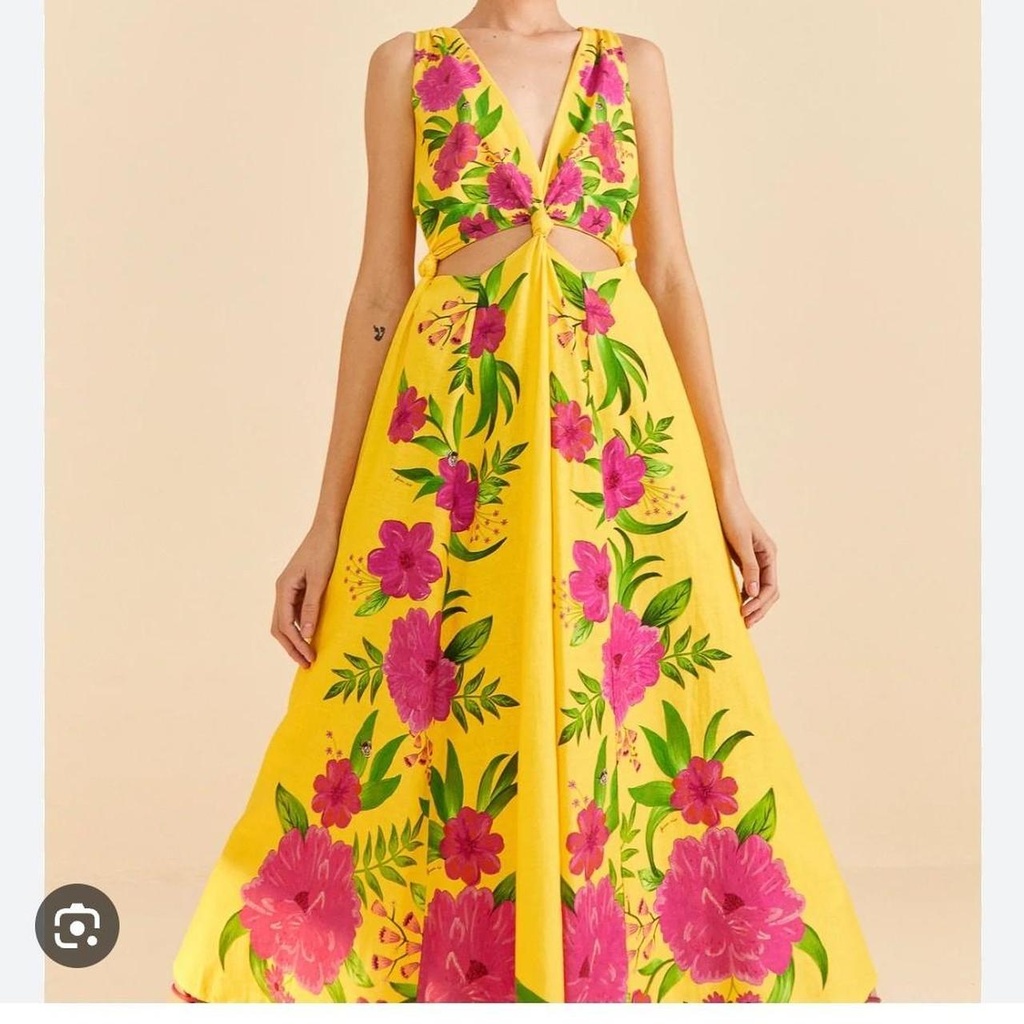 FARM RIO - Robe mi-longue jaune fleurie - C03579