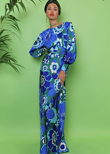RIXO - Floral Bleue - Robe Maxi Bleue Fleuri Marni - T42 - C03132