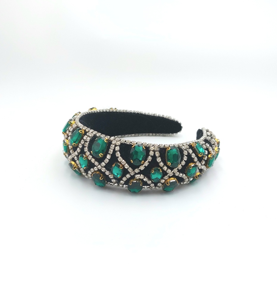 HEADBAND RIGIDE GROS STRASS EMERAUDE SUR VELOUR NOIR - A1386