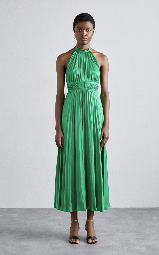 MAJE - Robe Maxi verte satinée  - P0026