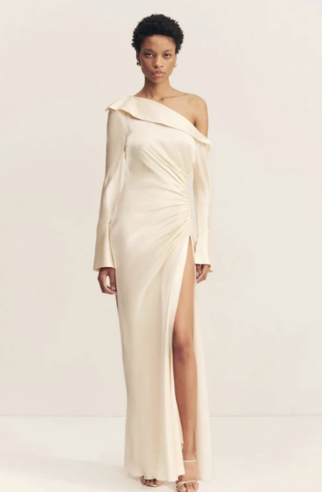 GEORGETTE - Shona Joy - Long Sleeve off-shoulder Gathered Wedding Dress - G06