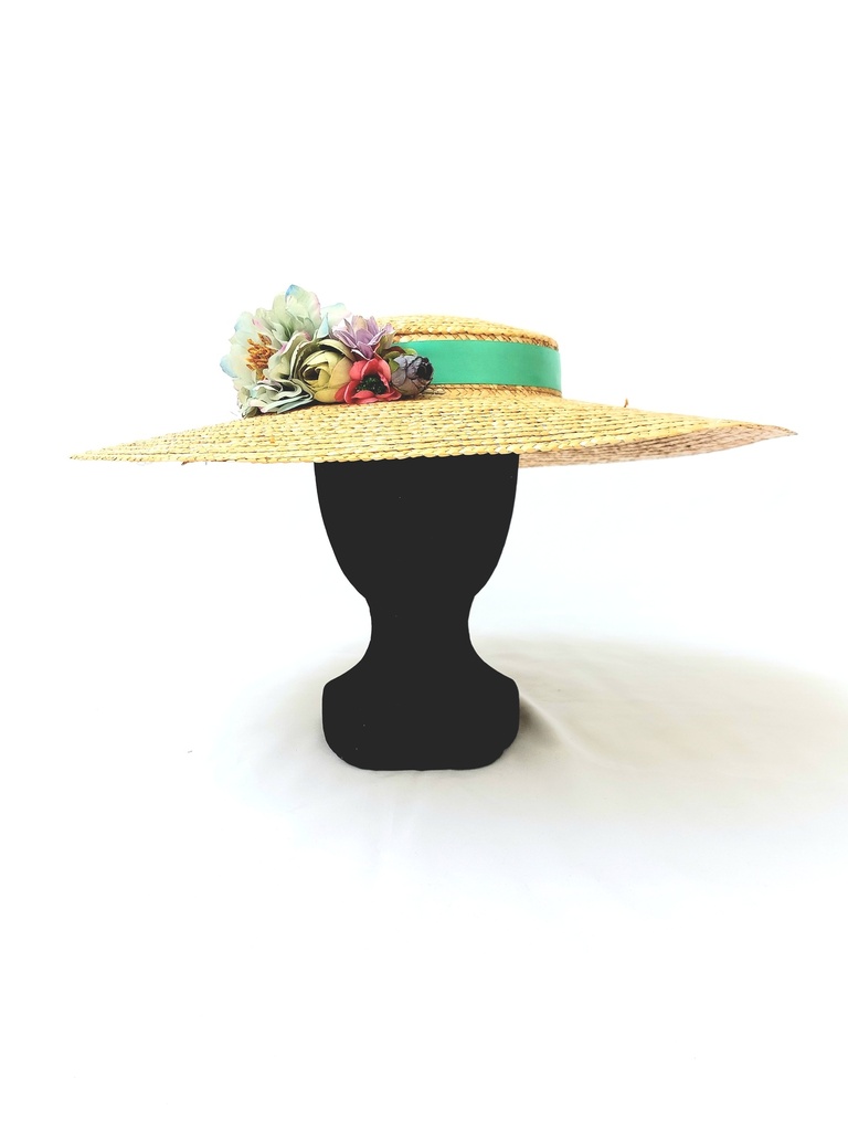 T&O CONCEPT - Chapeau paille fleurs turquoise - A559