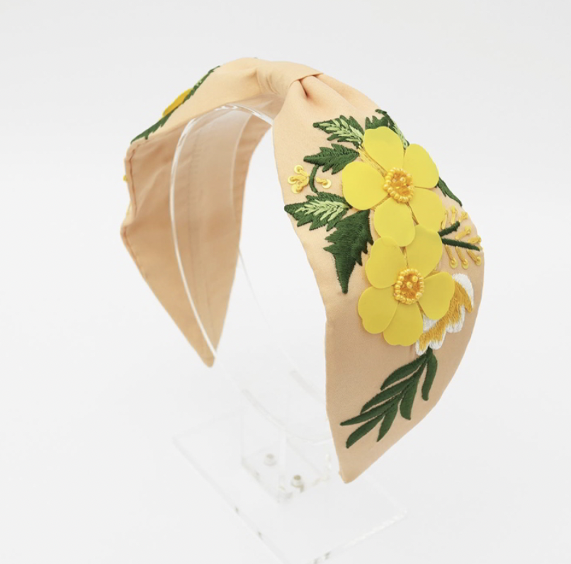 HEADBAND BANDEAU RIGIDE ROSE FLEURS JAUNES - A791