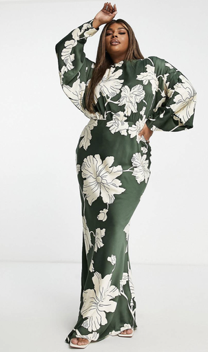 Robe Maxi Florale verte et beige satinée - T44 - C02950