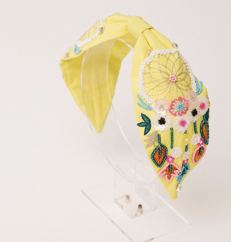 HEADBAND BANDEAU RIGIDE JAUNE FLEURI PERLES - A868