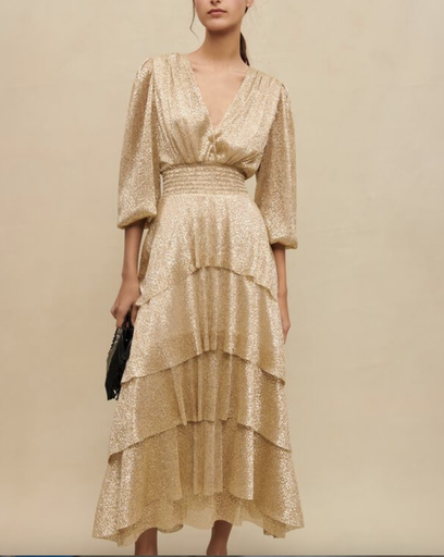 MAJE - Robe Midi dorée RUFFINE - T36 - C03075