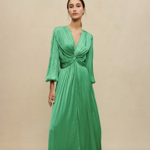 [C03076] MAJE - Robe Maxi verte satinée longues manches - C03076
