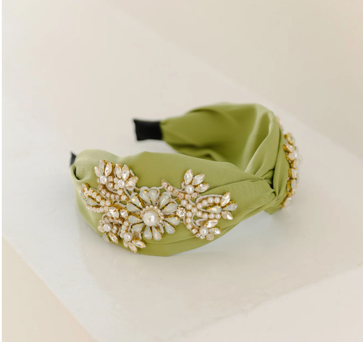 [A919] Headband Large Vert Brodé à Strass A919