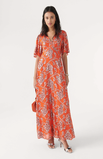 [C03189] BA&SH - Shelby - Robe Midi Orange Détails Brillants - T38 -  C03189