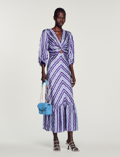 [C03209] SANDRO - Robe Midi Imprimé Blanc Violet Bleu - T36 - C03209