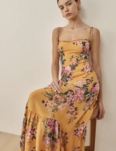 [C03272] RÉFORMATION - Robe Midi jaune à fleurs - T40 - C03272