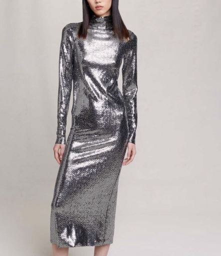 [C03306] MAJE - Robe Midi argent  - T36 - C03306