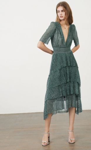 MAJE - Robe Midi verte RUFFINE - T36 - C02515