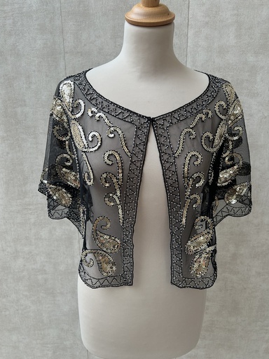 [C03418] Veste capeline perles noire doré C03418