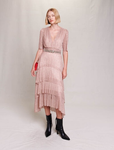 [C03423] MAJE - Robe Midi à volants rose RUFFINES - T36 - C03423