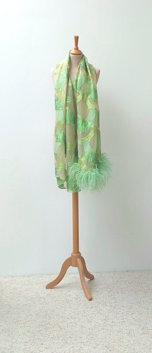 [C03424] Veste écharpe verte beige et plumes - C03424