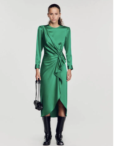 [C03427] SANDRO - Robe Midi verte satin - T38 - C03427
