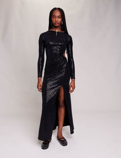 [C03438] MAJE - Robe longue noire sequins  - C03438