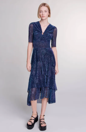 [C03491] MAJE - Robe Midi bleue RUFFINE- T36 - C03491