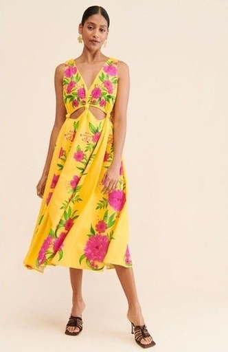 [C03579] FARM RIO - Robe Midi jaune fleurie - T36 - C03579