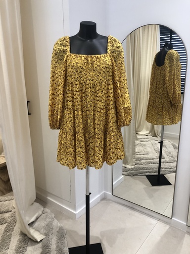 [983] ALICE + OLIVIA Robe satin fleurie jaune gold - 983