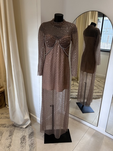 [1371] SELF-PORTRAIT Robe longue transparente sequins rose poudré - 1371