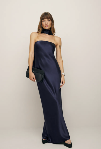 REFORMATION - Robe Maxi Bleue Marine OREN - T36 -C01144