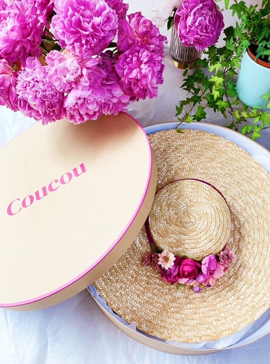 T&O CONCEPT - Chapeau paille large & fleurs roses et mauves - A555