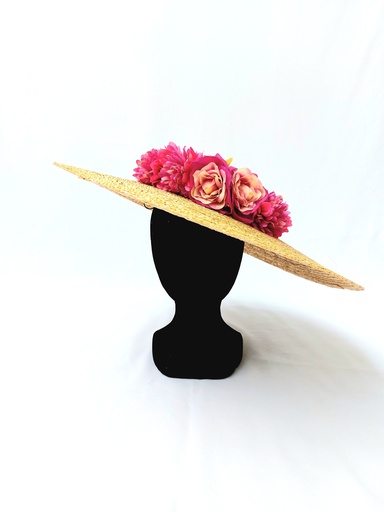 T&O CONCEPT - Chapeau paille large fleurs fuchsia - A557