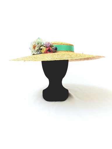 T&O CONCEPT - Chapeau paille fleurs turquoise - A559