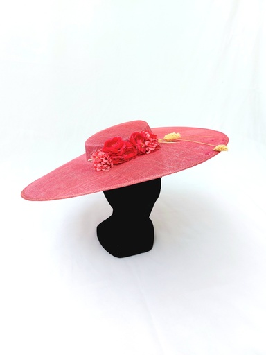 T&O CONCEPT - Chapeau Framboise à fleurs beiges  - A560