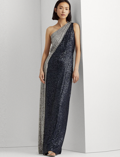 [C02716] RALPH LAUREN - Robe Maxi asymétrique bleu et argenté - T42 - C02716