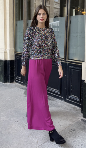 [C02961] MAISON GUILLEMETTE - Ensemble Blouse Sequins Multicolore Pipa + Pantalon Arlette Fuschia - T42 - C02961